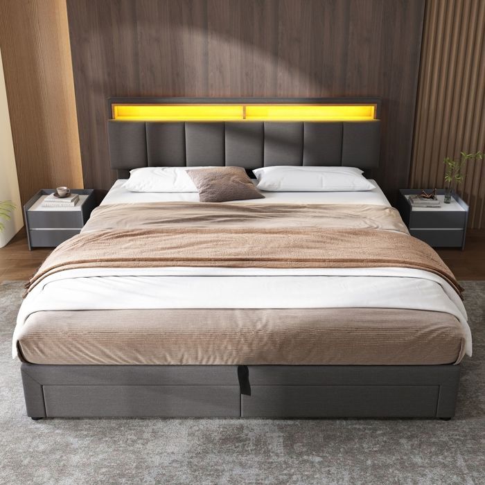 Letto contenitore 160 x 200 cm, letto 160x200 con rete a doghe, letto per adulti con 2 cassetti e illuminazione a LED, struttura letto con testiera, grigio, lino