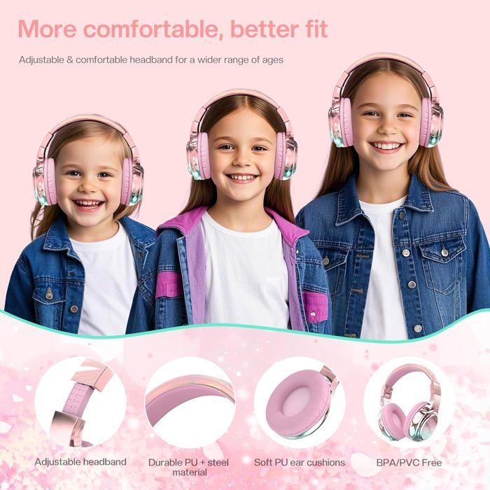 Wireless children's headphones, metal, Bluetooth 5.3, microphone, foldable, for girls, boys, teenagers, compatible with iPad, PC, tablet, pink
