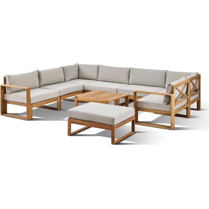 Conjunto modular de jardín esquinero LEVATA XXL - Madera de acacia con certificación FSC - 9 plazas - Gris lino + Funda incluida