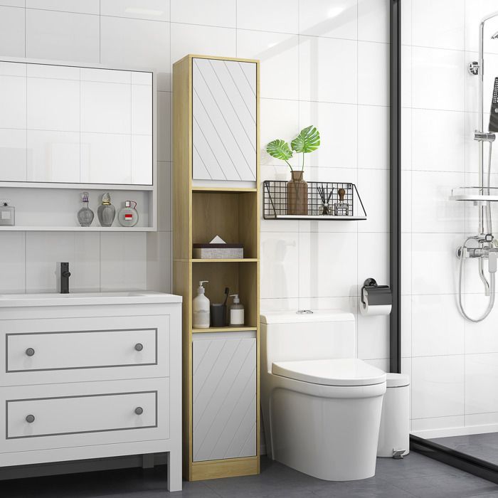 Badkamerkast met kolom - HOMCOM - gezellige stijl - 2 deuren, 2 planken - 30 x 24 x 170 cm - licht wit eikenhout