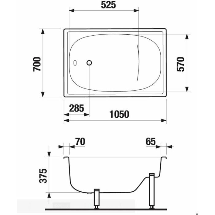 Jika (Roca Group) - Riga 105 x 70 x 37.5 cm Space-saving enamelled steel bathtub, without feet, white (H2340000000001)