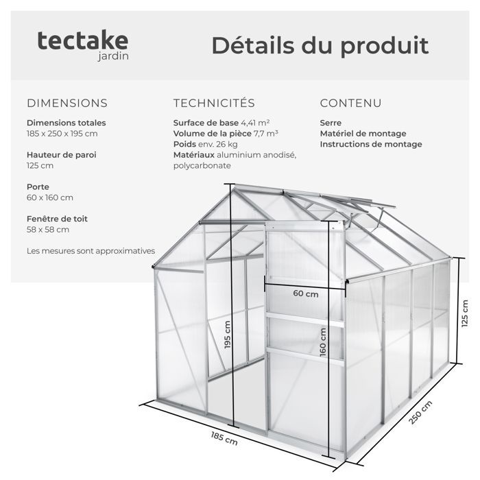 Serre de jardin - TECTAKE - Serre d'extérieur en polycarbonate surface 7,7 m³ porte coulissante 185 x 250 x 195 cm sans fondation