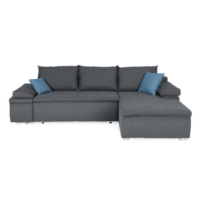Sofá cama esquinero reversible CELINA, 3 plazas + cajonera con almacenamiento - Tela gris - 274 x 184 cm (ancho x profundidad)