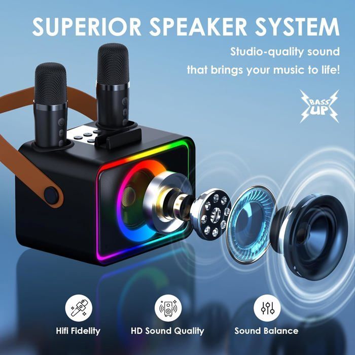 Máquina de karaoke con 2 micrófonos para adultos y niños, altavoz de karaoke Bluetooth portátil para adultos y niños.