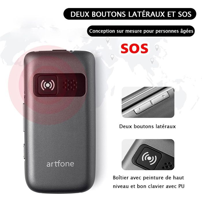 Telefono cellulare Artfone G6 4G per anziani: tasti grandi, torcia, batteria da 1300 mAh, doppia SIM, pulsante SOS.
