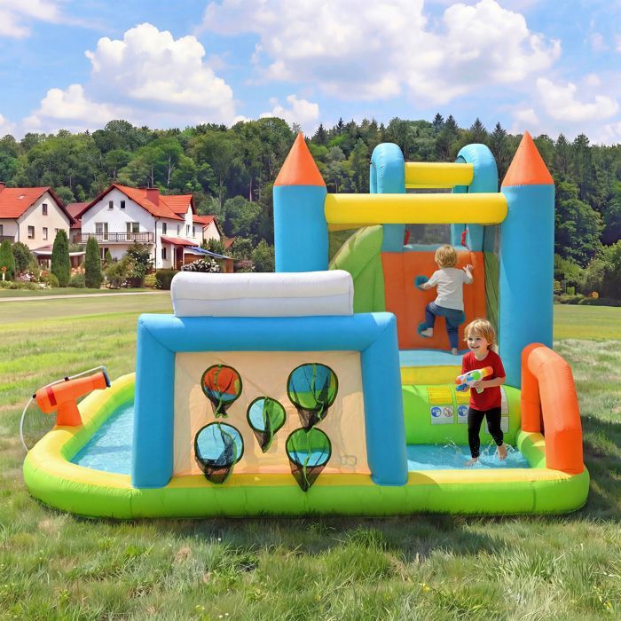 Aufblasbare Burg für Kinder von 3-10 Jahren, 360x320x200cm - mit Rutsche, Pool, Fußball, Basketball und Gebläse