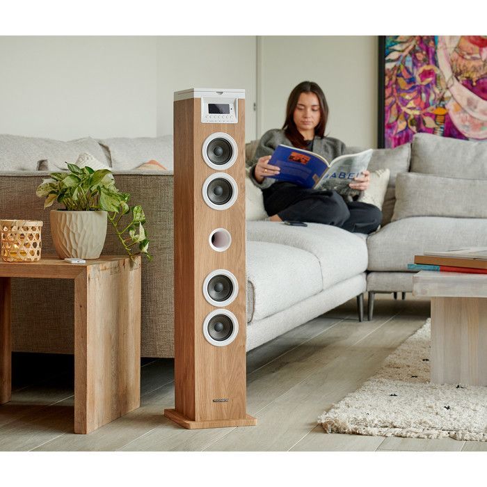 Tour de son Thomson DS121CD - 60W, Multimedia Bluetooth, Lecteur CD, télécommande, AUX, RADIO FM, Bois/blanc, Jeu de lumière LED