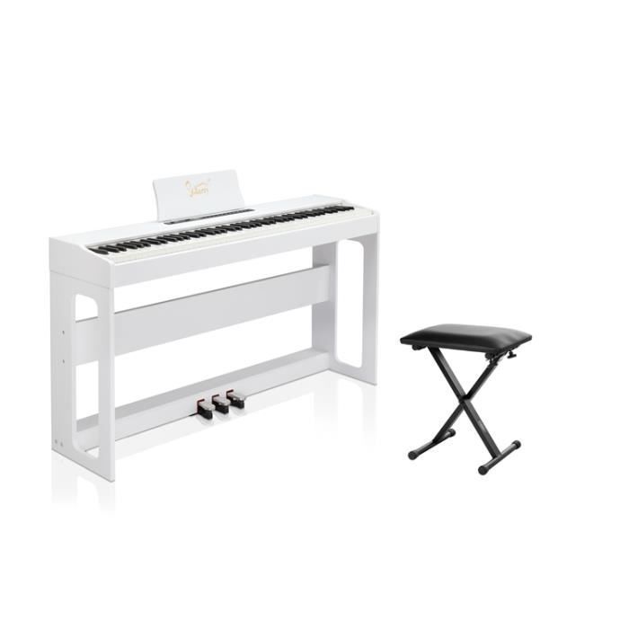 88-toetsen witte elektrische piano, met een inklapbare, opklapbare pianokruk.