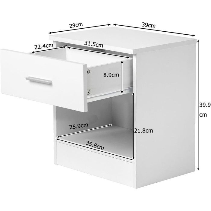 Mesita de noche, cómoda de dormitorio con 1 cajón, apta para salón o dormitorio, 39 x 29 x 41 cm, blanca.