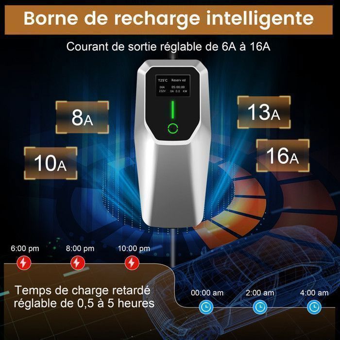 Caricabatterie portatile Junsun per veicoli elettrici con spina Schuko, cavo da 4 m, caricabatterie per veicoli elettrici di tipo 2 da 3,5 kW (6/8/10/13/16 A), colore argento.