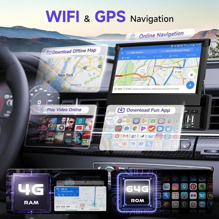 Radio para coche Android de 1 DIN con pantalla retráctil de 7