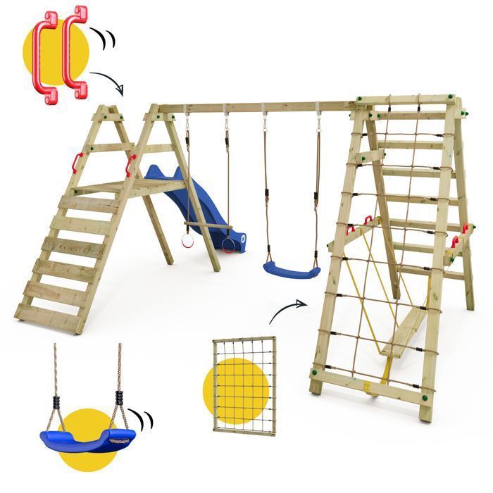 Balançoire double bois WICKEY Smart Shake avec toboggan 220 cm vert et module d’escalade – 10 ans de garantie*