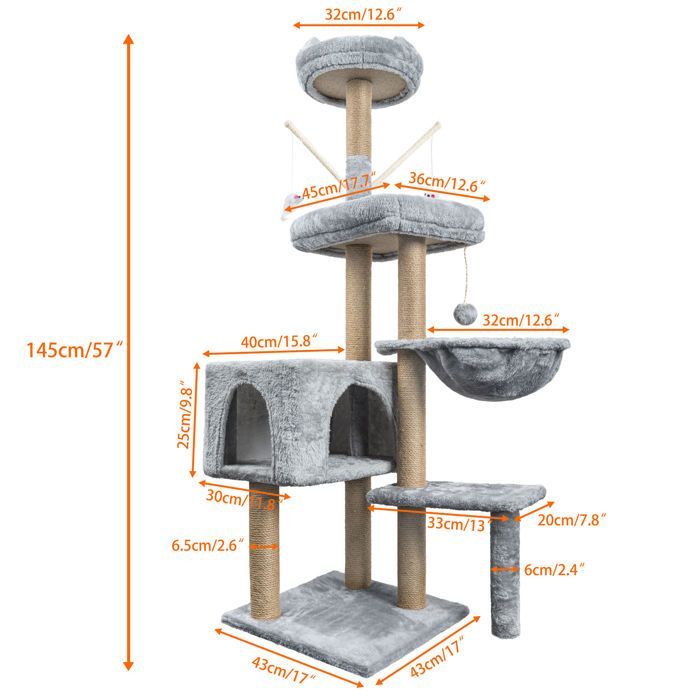 Krabpaal voor katten, 145 cm, stabiele klimtoren met meerdere niveaus, activiteitenboom met 7 sisalpalen en 5 platforms.