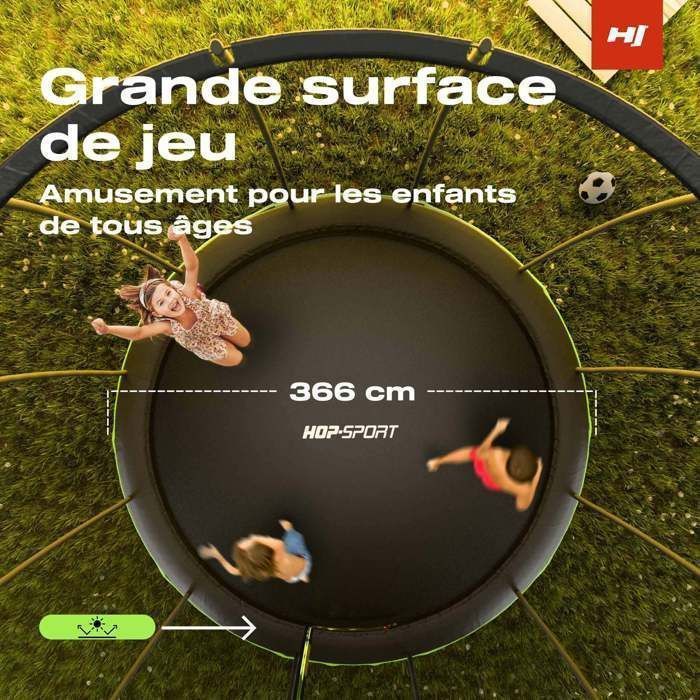 Cama elástica redonda Hop-Sport de 366 cm para uso externo, ideal para crianças. Kit completo para jardim, rede de segurança, suporta até 150 kg e possui certificação TÜV/GS.