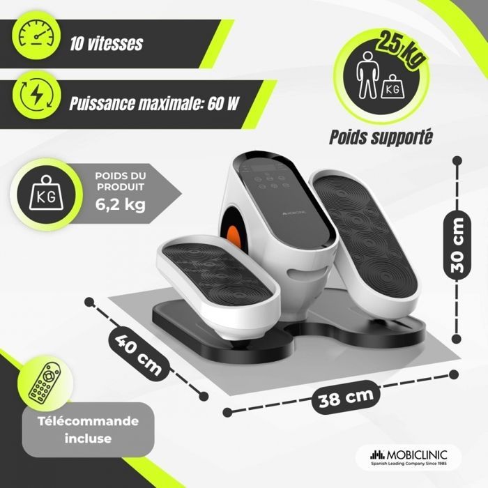 Mini ellittica Mobicalin: modalità manuale e 3 programmi automatici, schermo LED, telecomando, funzionamento silenzioso.
