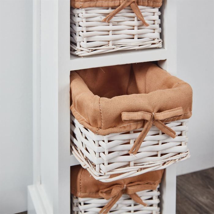 Cómoda FLOWER, de 70 cm de altura, en madera maciza blanca y marrón, con 1 cajón y 3 cestas, pequeño mueble de almacenamiento alto.