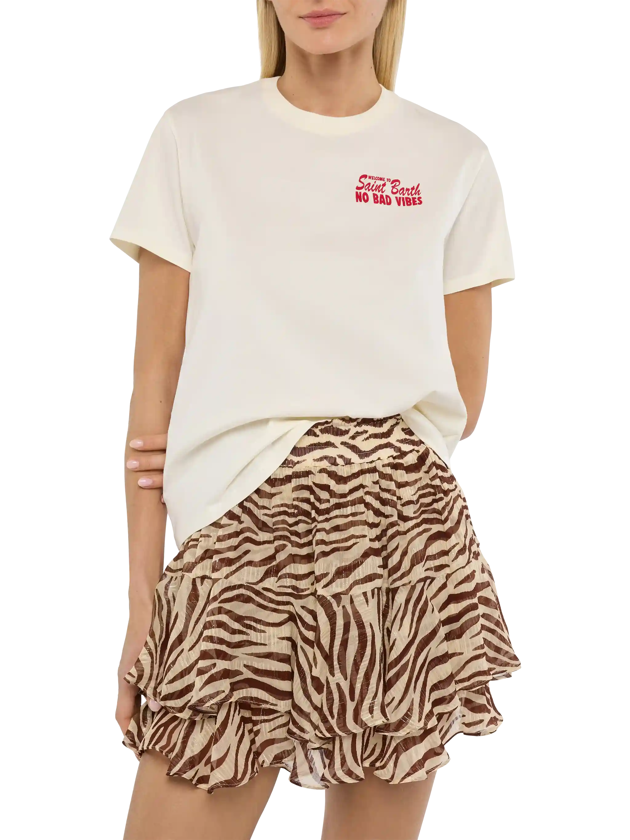 Emilie T-shirt met 'No Bad Vibes' print van katoen