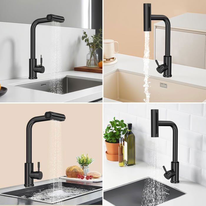 Rubinetto da cucina con doccetta estraibile, girevole a 360°, miscelatore da cucina in acciaio inox con 4 modalità di getto, nero