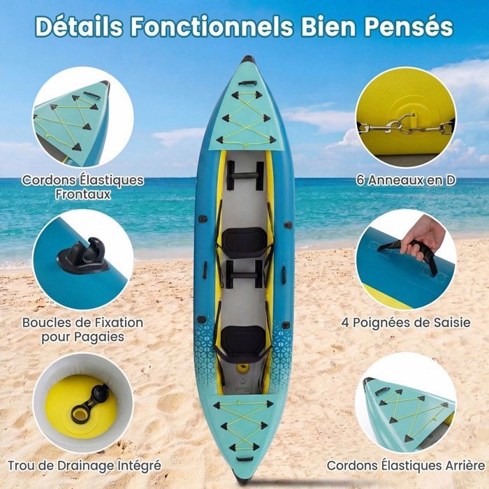 Kayak hinchable COSTWAY para 2 personas, 381x94x40cm - 2 remos de aluminio, 2 aletas desmontables, kit de reparación - Bomba de mano - 230 kg - Verde