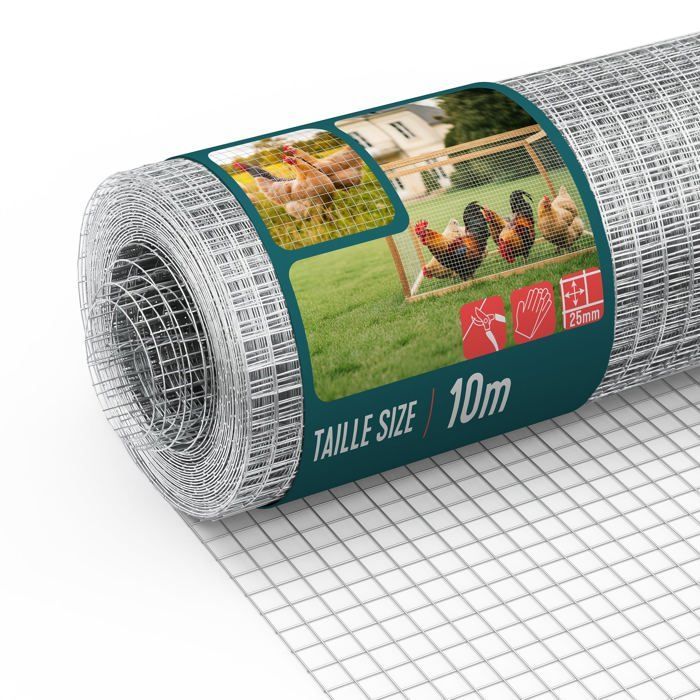 Rollo de malla de alambre soldado galvanizado VOUNOT® 1x10m - Malla de 25 mm, alambre de 1 mm - Enrejados y cercas metálicas