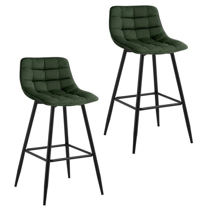 WOLTU Lot de 2 Tabourets de bar avec repose-pieds, Tabourets pour bar-bistro, Siège en velours, Pieds en métal, Vert Foncé