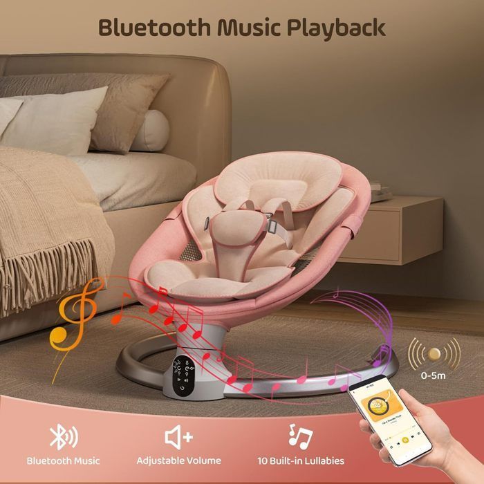 Elektrische babywipper met muziek, 5 schommelstanden, 3 timers, afstandsbediening en Bluetooth, tot 9 kg