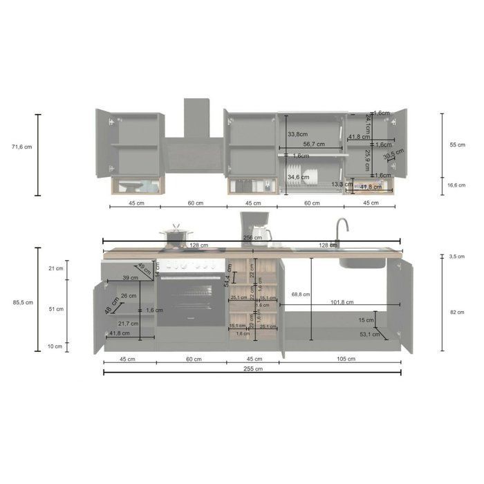 Dmora - Attiko Complete Kitchen, 255x60xh85 cm, Anthracite, Oak, Wood Effect Panel and Glass