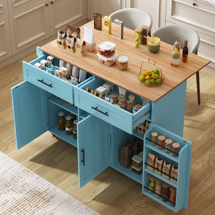 Carrito de cocina con encimera, 2 cajones y 3 puertas, isla de cocina extensible con ruedas, 129x46-71x91,5 cm, azul.