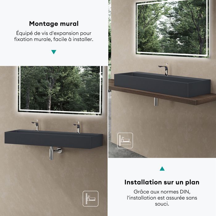 Lavabo de encimera Sogood, gris mate/negro, lavabo de baño mural, 120x40x14cm, lavabo con orificios para 2 grifos.