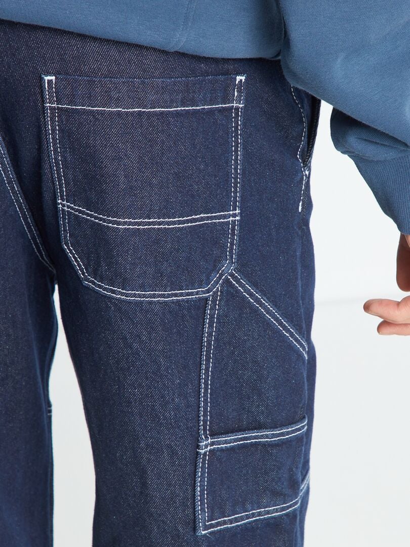 Calça jeans de perna larga com costura contrastante - AZUL