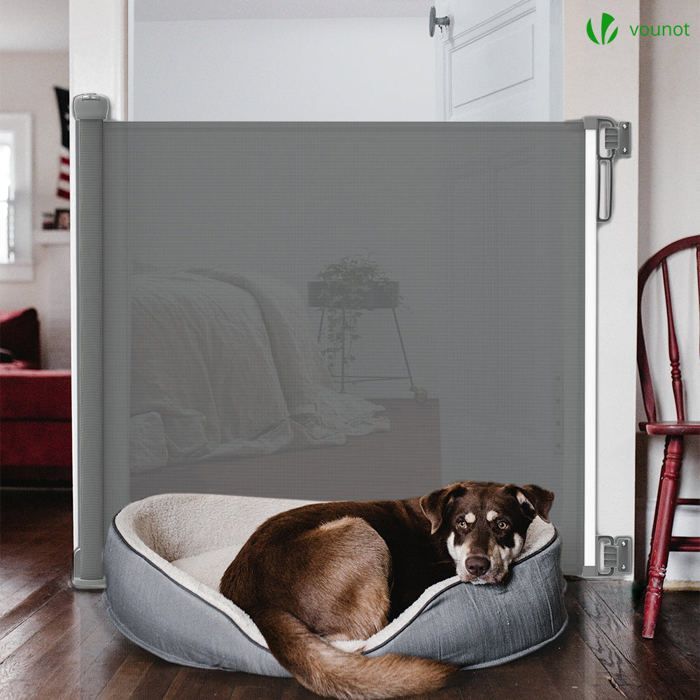 Barrera de seguridad retráctil VOUNOT® de 180 cm, gris - Doble cierre con una sola mano - Para bebés, niños y perros