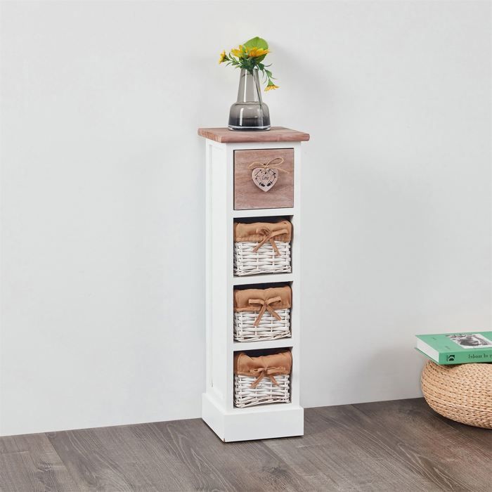 Cómoda FLOWER, de 70 cm de altura, en madera maciza blanca y marrón, con 1 cajón y 3 cestas, pequeño mueble de almacenamiento alto.