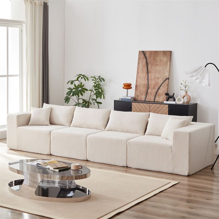 DRIPEX Canapé modulable 4 places en velours côtelé 335CM,Canapé compressé rembourré avec 4 coussins,combinaison libre,Beige