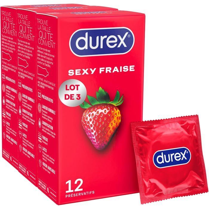 Durex - Pak van 36 Sexy Strawberry Condooms - Extra glijmiddel met aardbeiensmaak