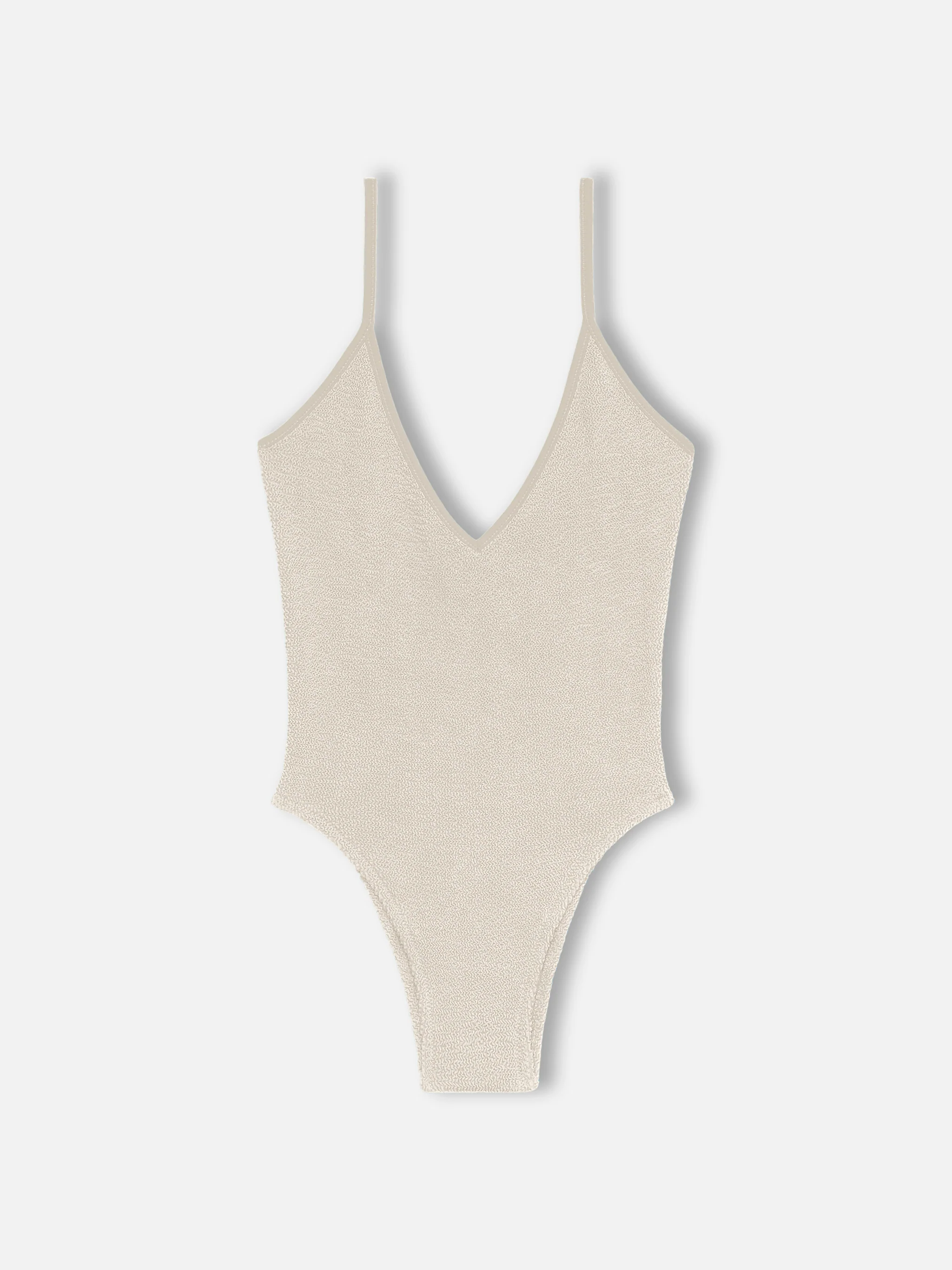 Susanne damesbadpak in beige met kreukeleffect, uit één stuk.