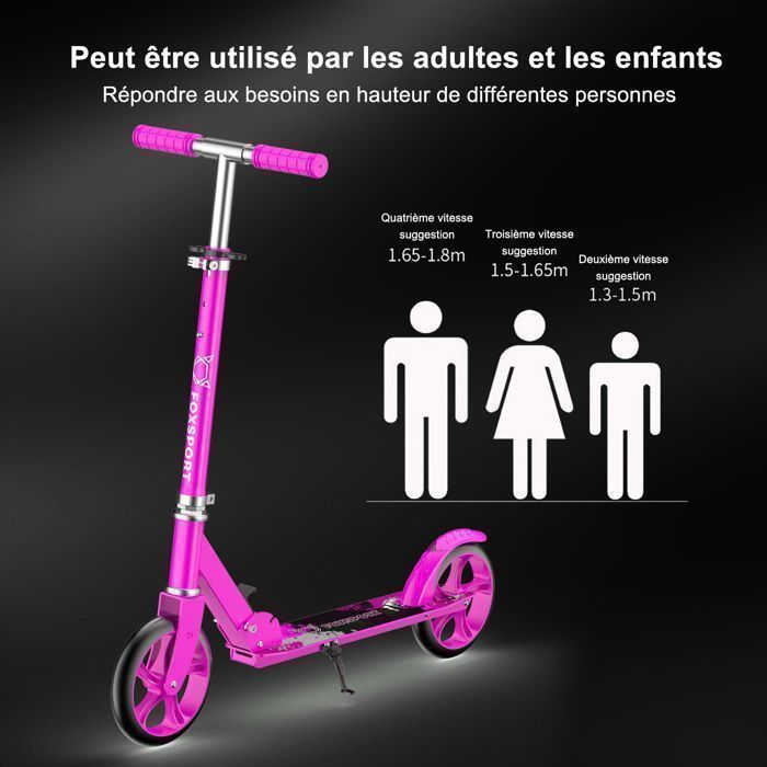 Trottinette ad et adulte  - FOXSPORT - Pliable - Chargée jusqu'à 100KG - Guidon réglable de 3 Niveaux - Roues PU 200mm