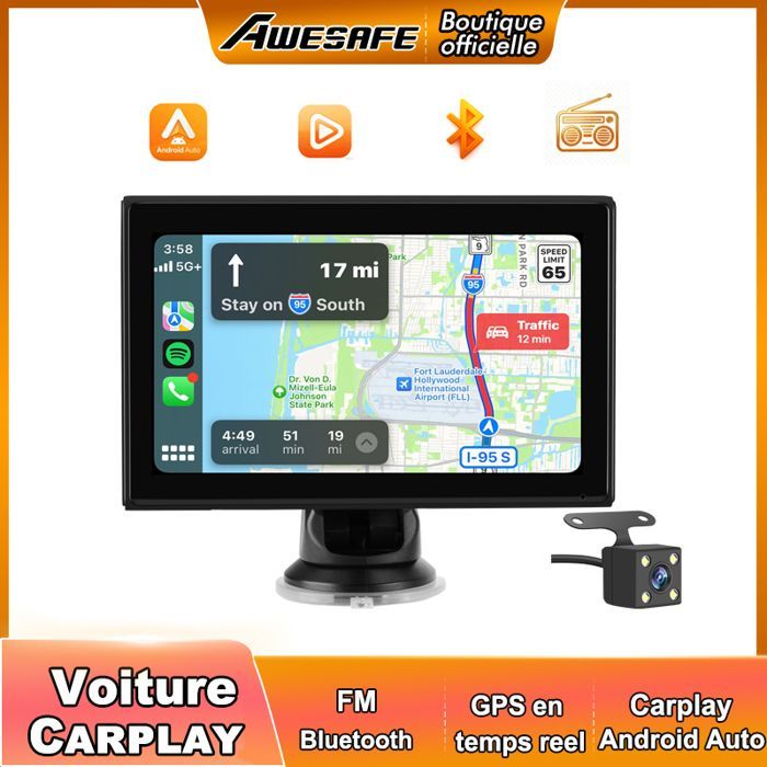AWESAFE GPS Voiture 7 Pouces HD Écran Tactile avec Carplay Android Auto sans Fil Camera de recul
