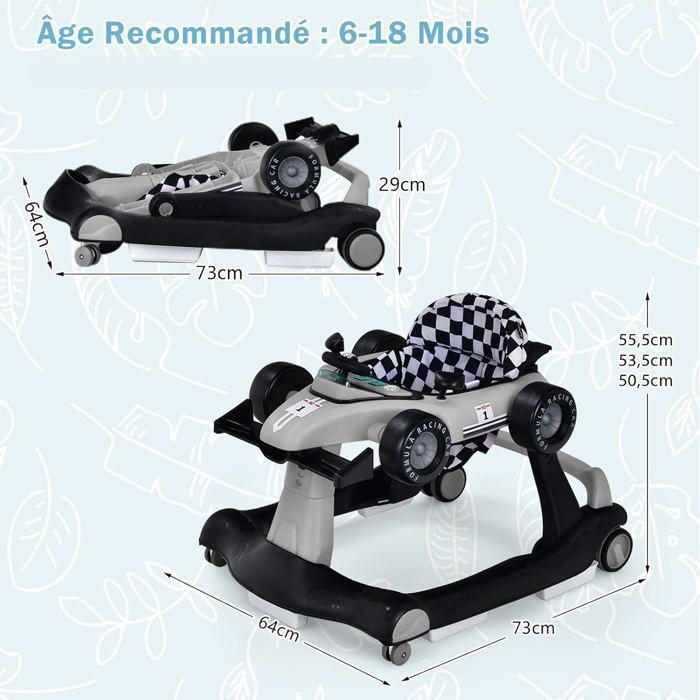 Andador plegable 4 en 1 para bebés COSTWAY - Altura y velocidad ajustables - Caja de música con luz - De 6 a 18 meses - Ruedas silenciosas - Negro/Gris