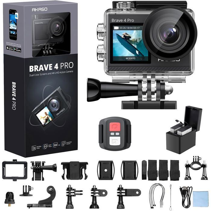 AKASO Caméra Sport Brave 4 Pro 4K 20MP Caméra Etanche 40M Deux Écrans Télécommande Caméscope WiFi Stabilisation EIS 2.0 Noir