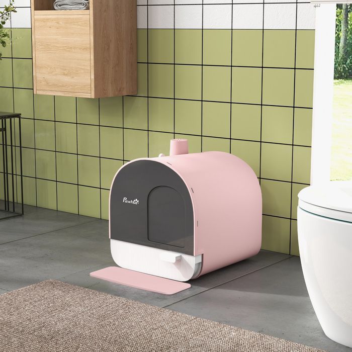 Bac à litière pour chat PawHut maison de toilette avec porte battante, pelle et filtre inclus dim. 43L x 44l x 47H cm - rose