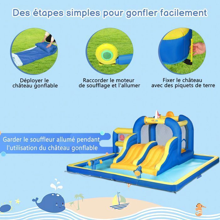 LALAHO Inflatable Castle with Blower, Inflatable Play Area with Jumping Zone and 2 Slides, 470 x 472 x 225 cm