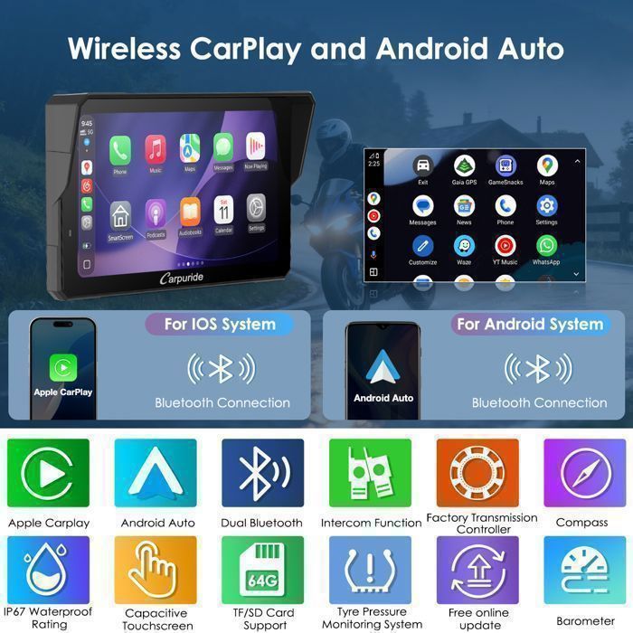 CARPURIDE W502BS Pro Radio para motocicleta de 5” con CarPlay y Android Auto, compatible con motocicletas BMW, pantalla táctil impermeable IP67, Native Wonder