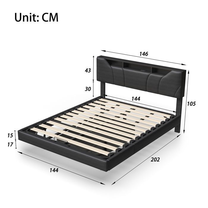 Lit 140x190 cm - COZY - tissu en PU - LED ET USB - sommier - cadre de lit double 140x190 cm - noir