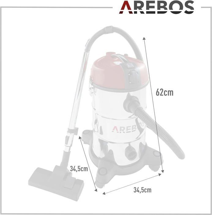 AREBOS Industrial Vacuum Cleaner | Wet and Dry Vacuum Cleaner | 5-in-1 | 1300W | 30L | Stainless Steel