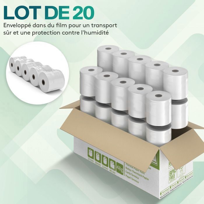 ACROPAQ 20 Rouleaux de Caisse 57x60x12mm- Thermique 49,9 m-Terminaux de paiement- 20 Bobines TPE- Sans BPA- Dimension Universelle