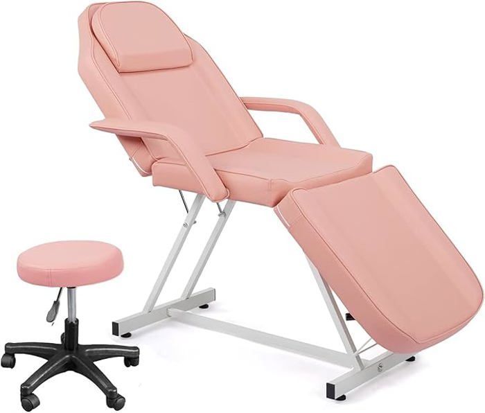 Camilla de masaje con estructura de hierro, patas y respaldo ajustables con taburete, 186 x 82 x 70 cm, color rosa.