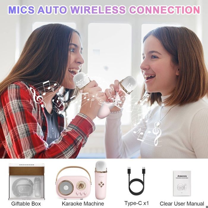 Mini máquina de karaokê fofa, portátil, com Bluetooth e microfone, para festas infantis e adultas (rosa)