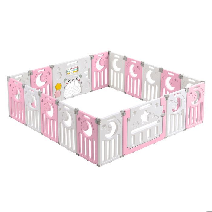 Parque infantil para bebé de 16+2 paneles, parque modular XXL con cierre de seguridad, forma ajustable, plegable, barrera de seguridad, color rosa.