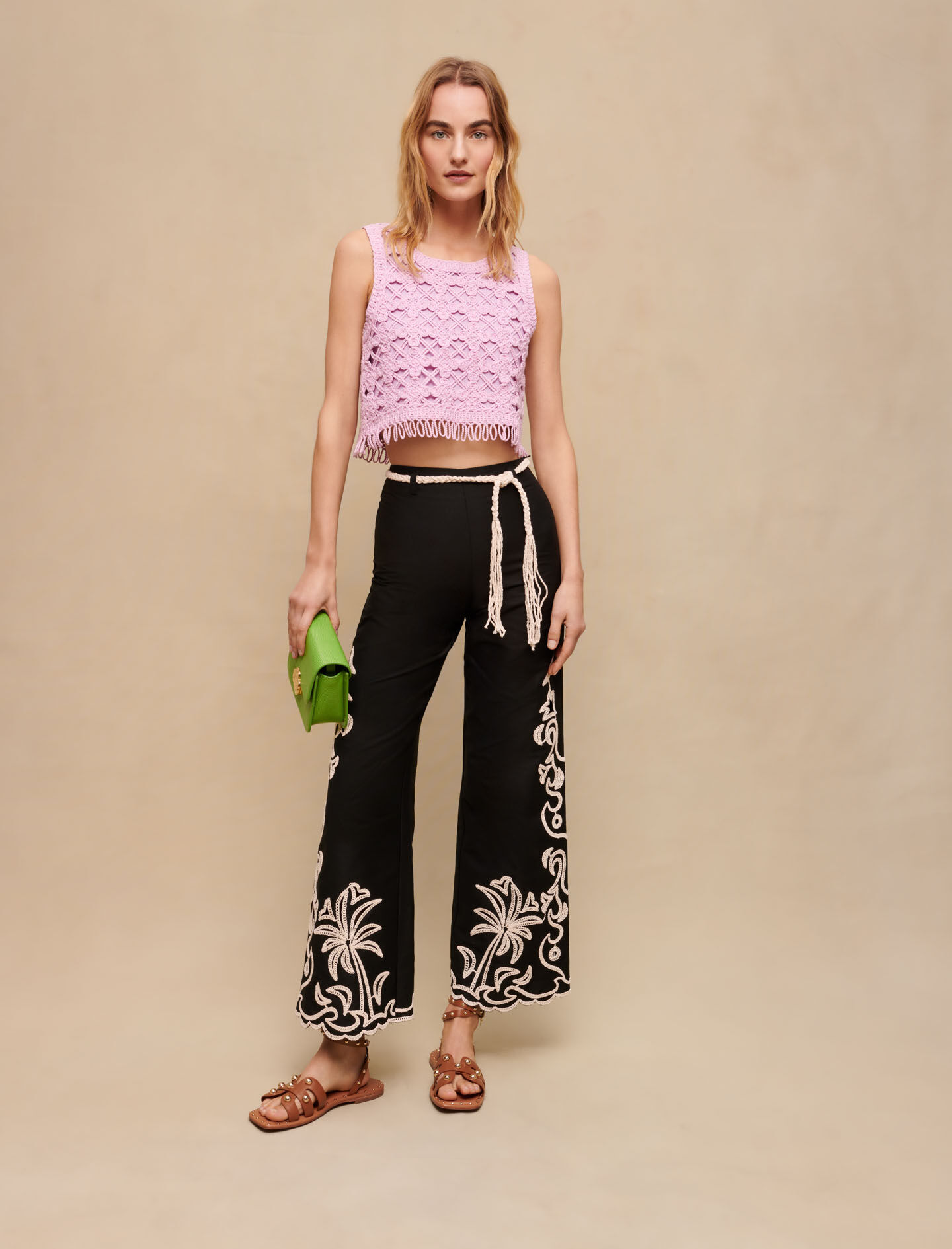 Pantaloni cu broderie cu palmieri - Negru