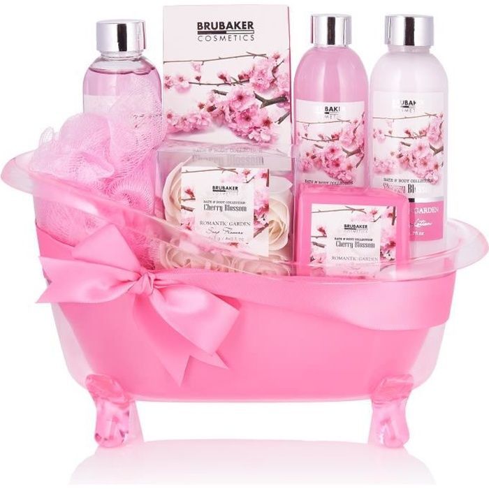 BRUBAKER Cosmetics Coffret de bain & douche - 7 pcs. - dans une baignoire décorative - Idée cadeau - Fleur de cerisier